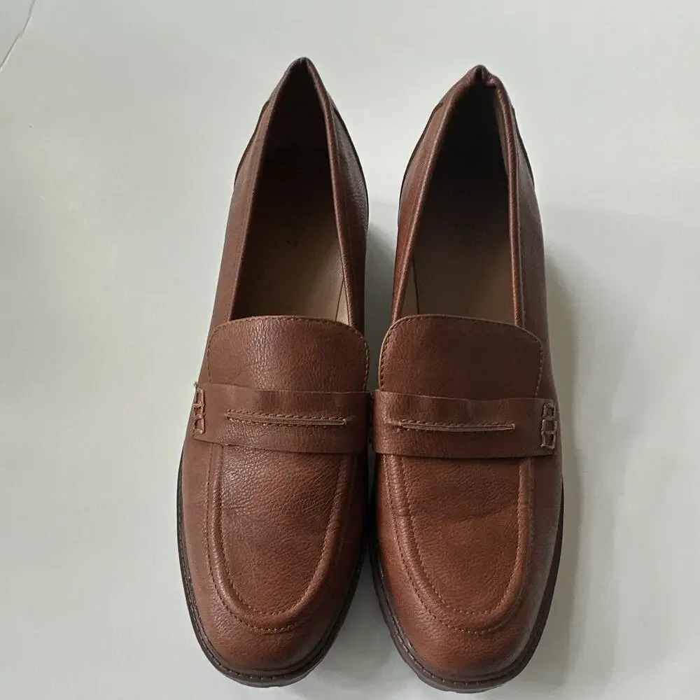 Style & Co Womens Wandaa Dress Loafers 11 M Brown Slip-On Toe Strap Accent EUC